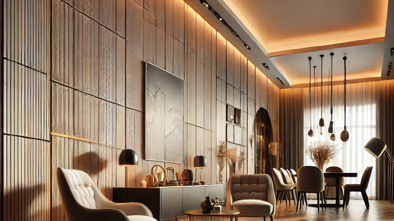 DALL·E 2025-03-09 17.08.44 - A modern interior space featuring Termowall decorative wall panels. The room has a stylish and contemporary design with warm lighting, elegant furnitu